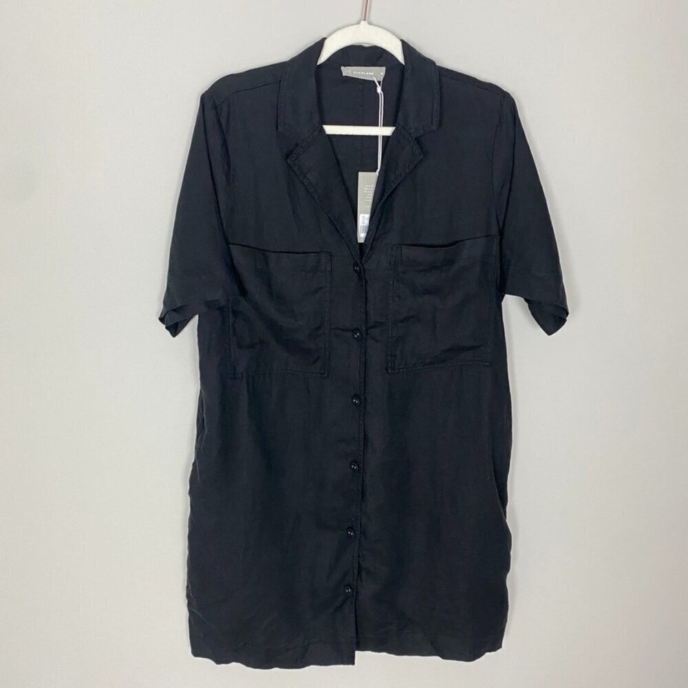 Everlane The Linen Workwear Dress Short Sleeves Button Down Black Womens Medium